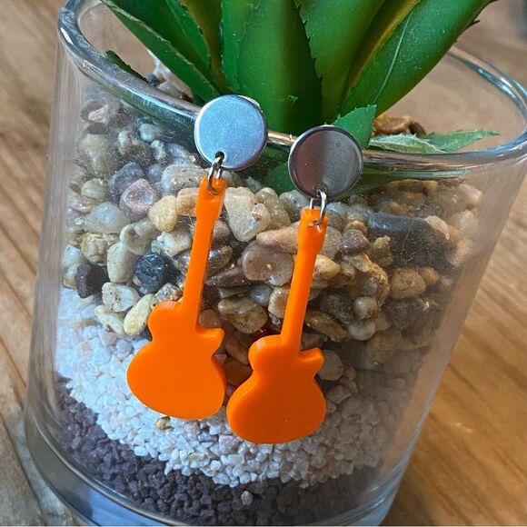 Orange Guitar Earrings Rock 'n Roll - Picture 1 of 7